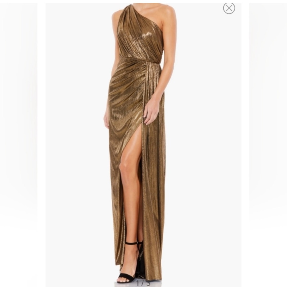 NWT Ieena for Mac Duggal one-shoulder gold Grecian gown